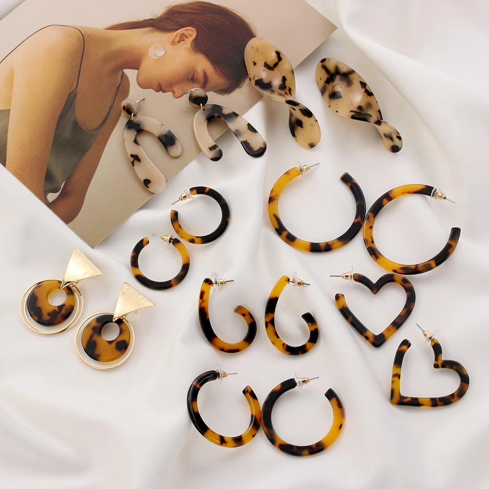 

Leopard Print Long Drop Earrings For Women Tortoiseshell Acetate Resin Acrylic Za Heart Star Circle Geometric Earring Pendientes