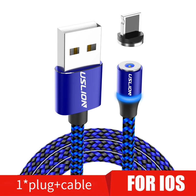 Магнитный светодиодный кабель USLION Micro usb type C для samsung S10 S9 S8 Xiaomi для iPhone XS MAX XR 8 7 6 6S USB-C магнитное зарядное устройство - Цвет: Blue For IOS