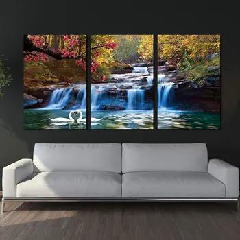 

3 Piece Home Decor Canvas Wall Art Paintings NO Framed Canvas Photo Prints Waterfall Woods Swan Home Office Artwork Paintings