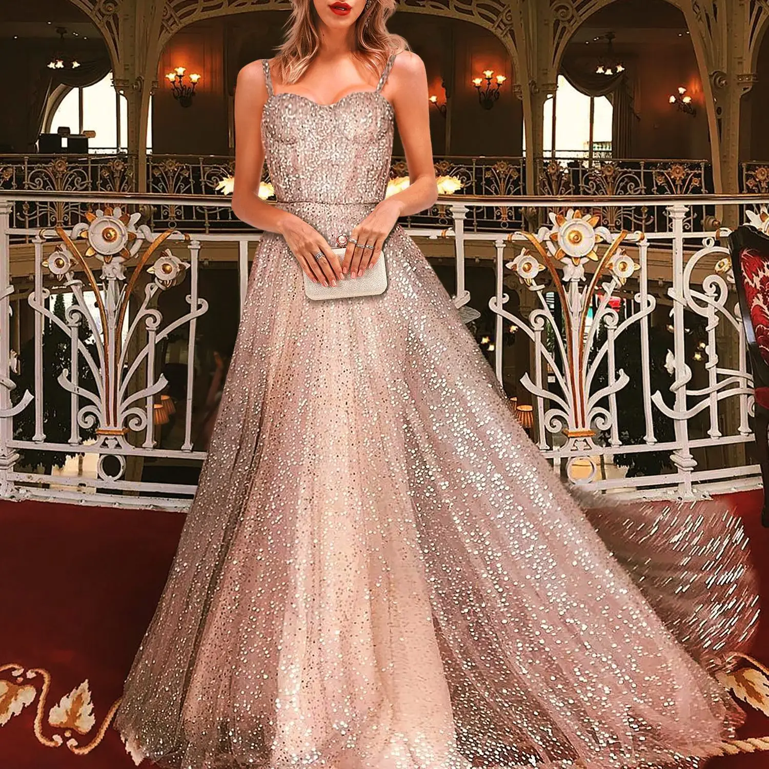 Платье принцессы на тонких бретельках с пайетками, элегантное блестящее платье с глубоким v-образным вырезом, необычное Золотое платье для невесты, сексуальное популярное женское вечернее платье