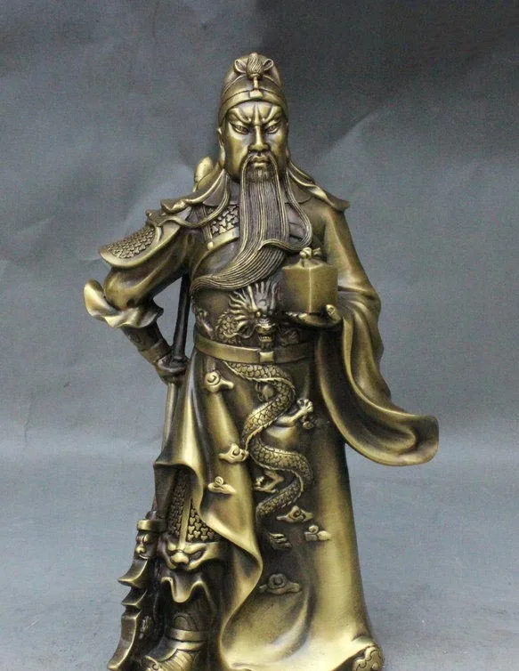

China Pure Bronze Carved Dragon Warrior GuanGong Guan Yu God Hold Seals Statue