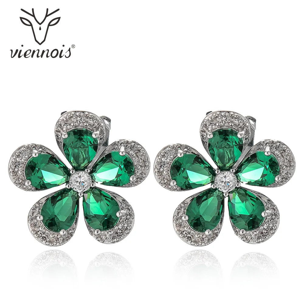 Viennois Flower Stud Earrings For women Green/ Black/ Red Color Zircon Earrings Fashion Jewelry