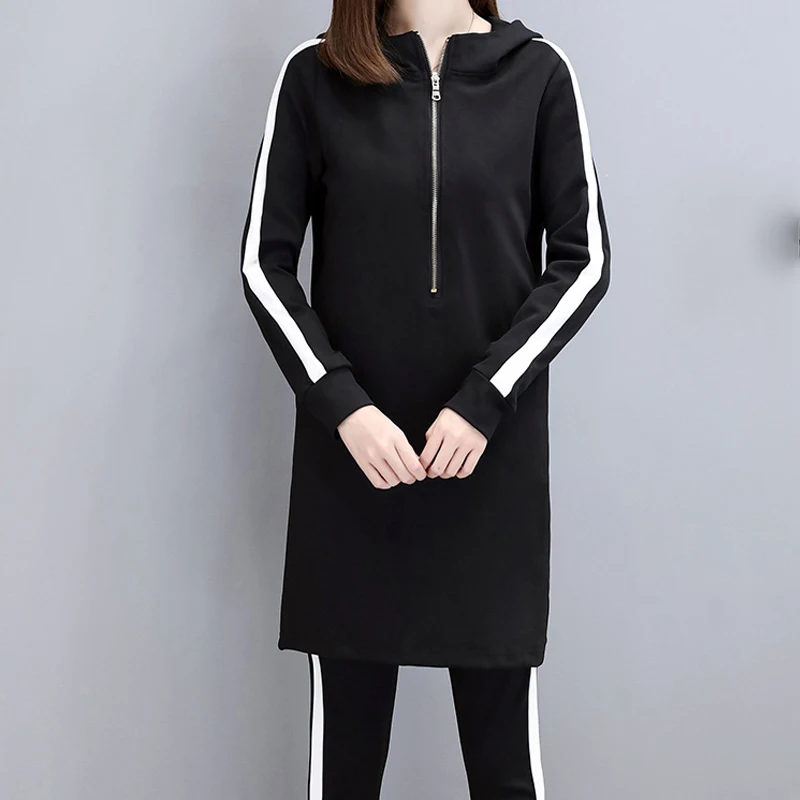 Fashion Slim Black Hoodies Women Set Plus Size Stripe Side Casual Two Piece Set Women Zipper Long Hooded Sweatshirt+ Pant W3