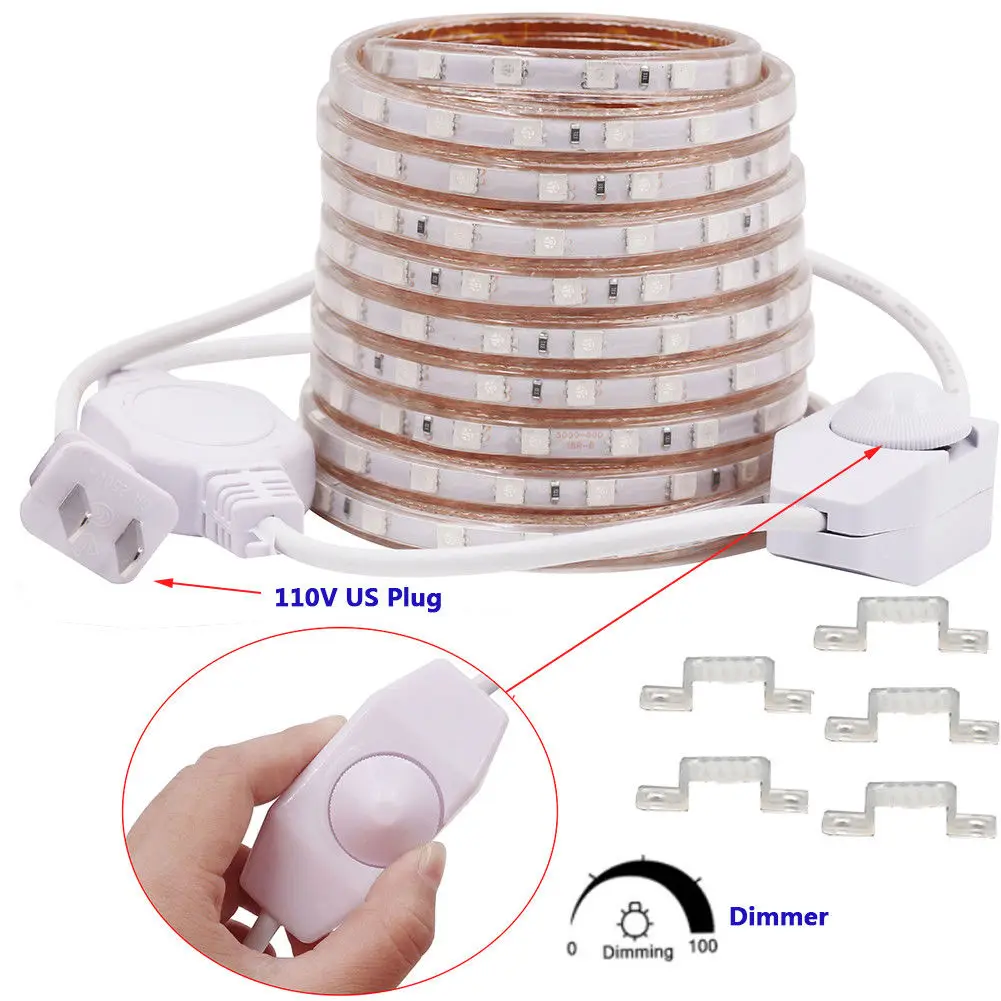 cheap LED Strip AC 110V 120V Waterproof Commercial SMD 5050 Rope Light Garden Decoration lamp String With Dimmer US plug 1m 5m 10m 20m