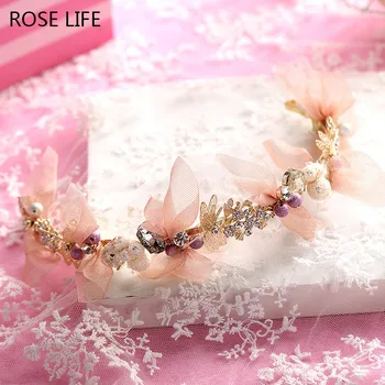 

ROSE LIFE 2017Bride net handmade butterfly bride hair jewelry baroque style gold leaf white flower crystal wedding headdress