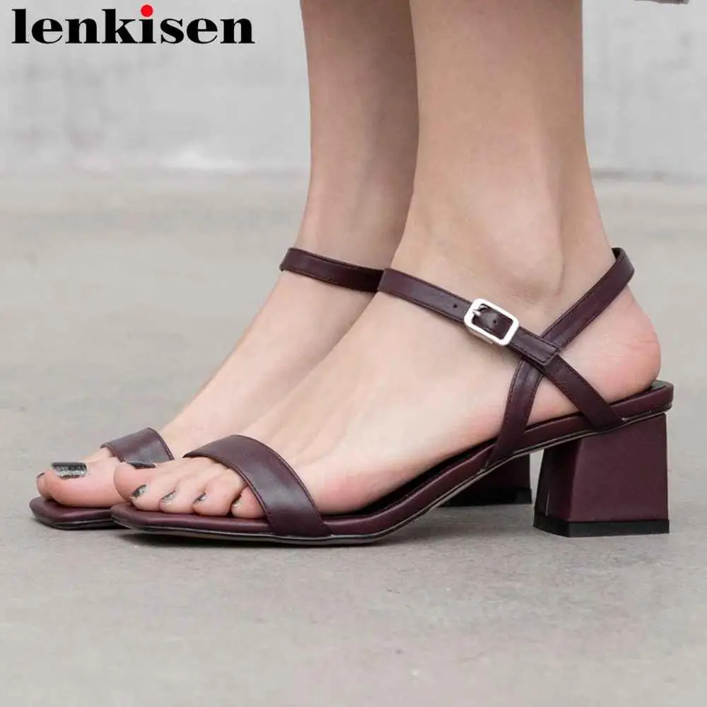 

Lenkisen concise brand office elegant lady natural leather chunky med heels buckle strap peep toe modern girls daily shoes L5f1