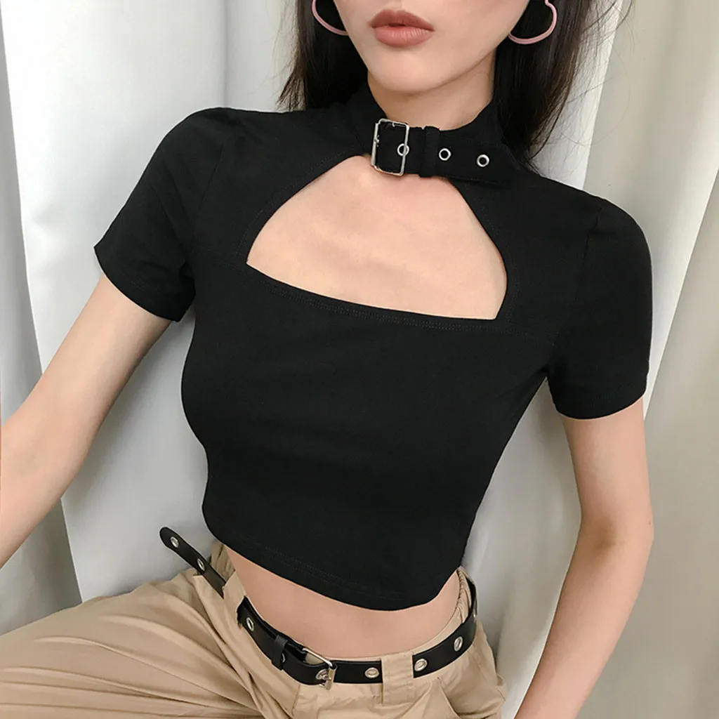 

feitong Women Strappy Short Sleeve Solid Color Top Fashion T Shirt Ladie fashion t shirt women streetwear korean clothes summer