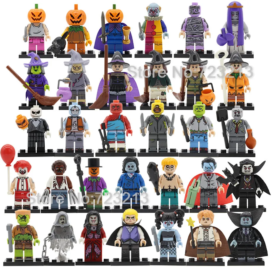 

8pcs/lot Halloween Figure Set Clown Witch Zombie Ghosts Pumpkin Man Scarecrow Vampire Building Blocks Brick Toys