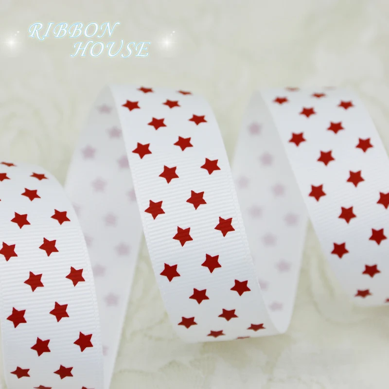 Buy 1" (25mm) White printed Star grosgrain ribbon