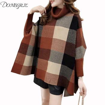 

2020 autumn winter new loose bat sleeve cloak shawl jacket color matching high collar sweater Korean fashion women's clothing