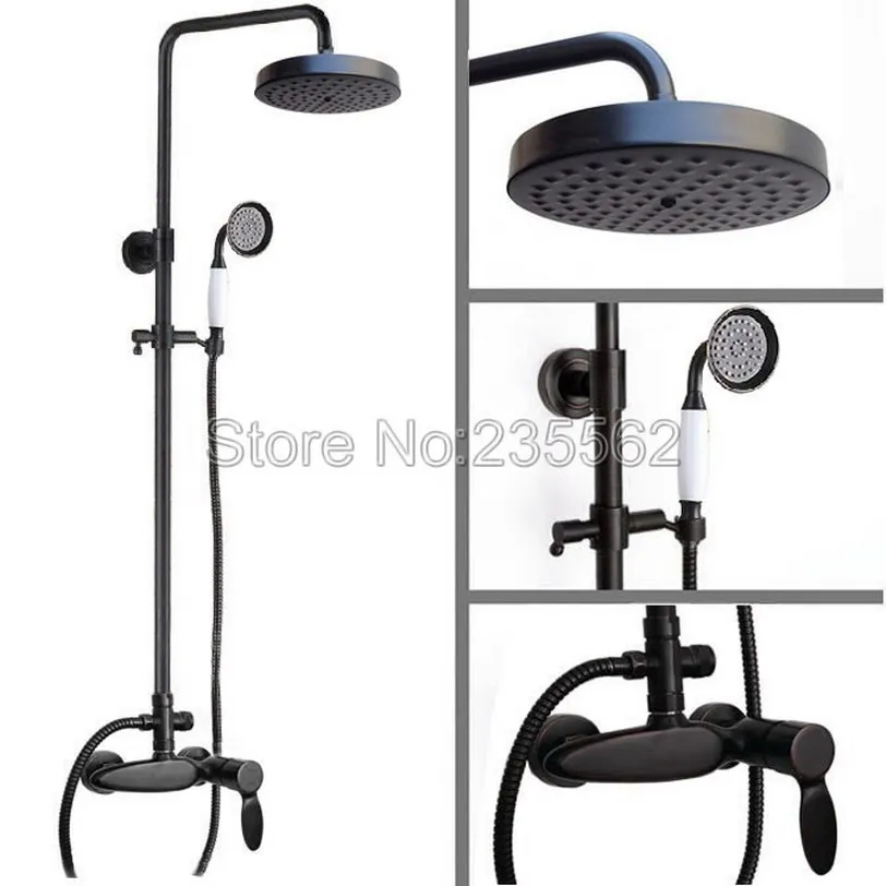 

Bathroom Rain Shower Faucet Set Black Oil Rubbed Wall Mounted Single Handle Mixer Taps Brass Finish with Hand Shower lrs437