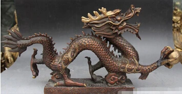 

Antique bronze Pure Copper Brass 20 "Chino Feng shui Bronce Dorado Estatua de Dragones Juego de los Animales Con Perla