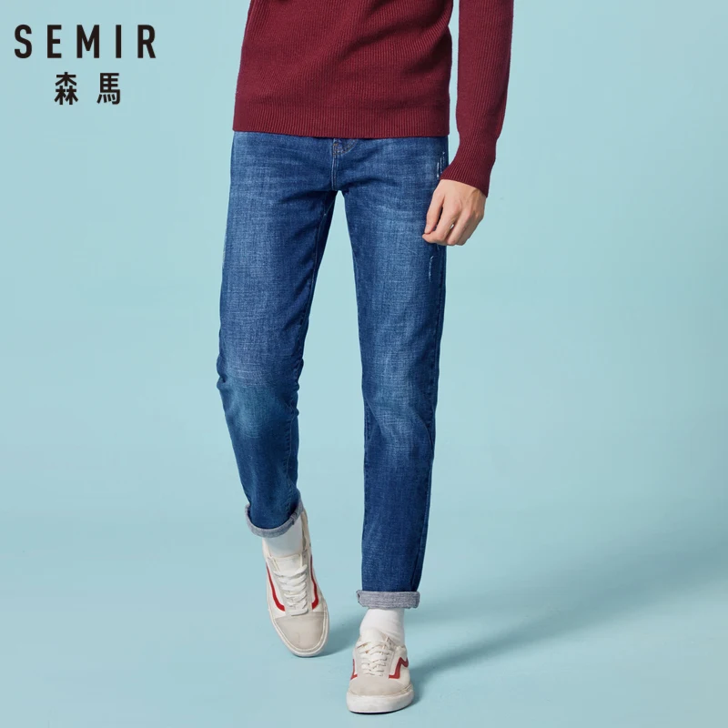

SEMIR Men Retro Slim Fit Cotton Jeans with Destruction Men's Classic Jeans Washed Denim with Zip Fly with Button Streetwear