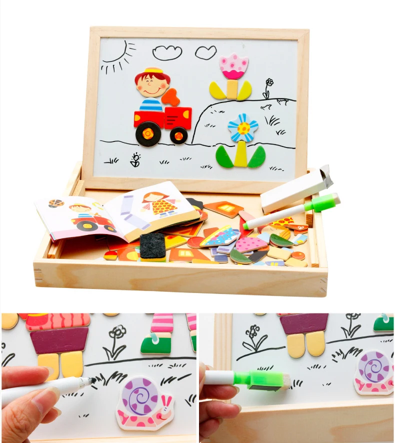 Placa de Escrita Brinquedo de Madeira Brinquedos para Crianças Estilo Desenho Placa Magnética Quebra-cabeça Duplo Cavalete Criança Aprendizagem Educação Fantasia Presente 3 13 Cheap Brinquedos p desenhar