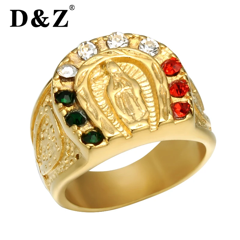 

D&Z Religious Gold Color Virgin Mary Rings for Men Stainless Steel Crystal Sacred Lady of Guadalupe Ring Catholicism Jewelry