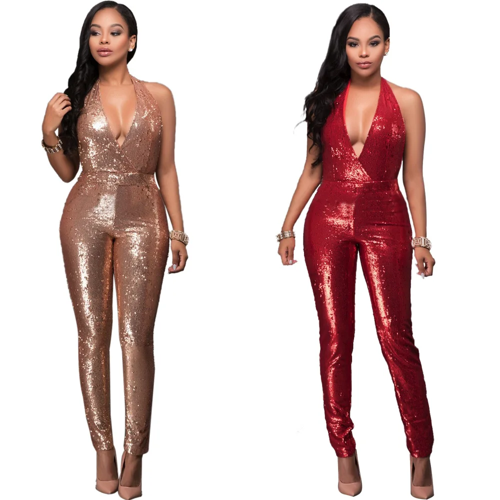 Popular Golden Sequin Jumpsuit-Buy Cheap Golden Sequin Jumpsuit Golden/Red Sequined Women Fashion Jumpsuits Sexy Ladies Halter Neck Backless Club Wear Jumpsuits Hottest - Popular Golden Sequin Jumpsuit-Buy Cheap Golden Sequin Jumpsuit