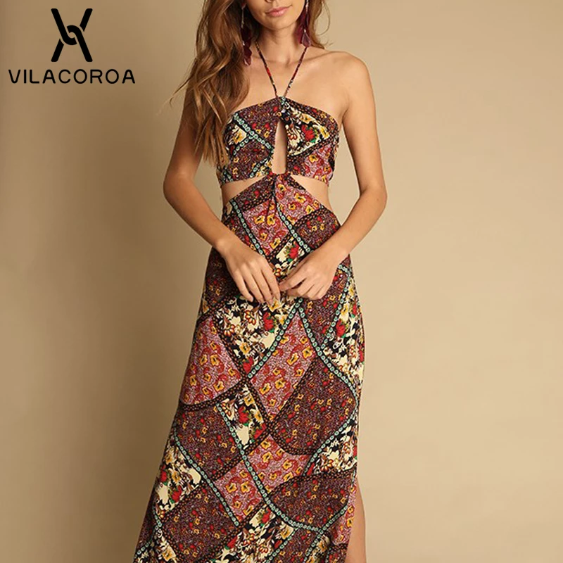 

Summer Bohemia Sexy Hang Neck Print Sleeveless Open Back Dress Women Vestidos Fashion Beach Vacation Women Long Dress robe femme