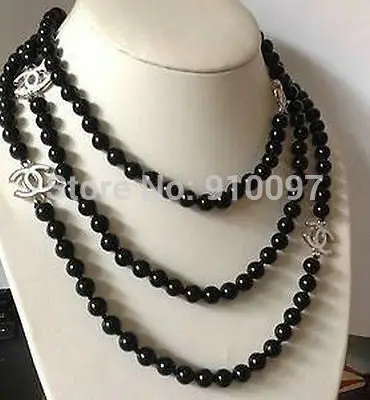 

free shipping >NEW Top Long beautiful 8mm Black shell pearl necklace 60