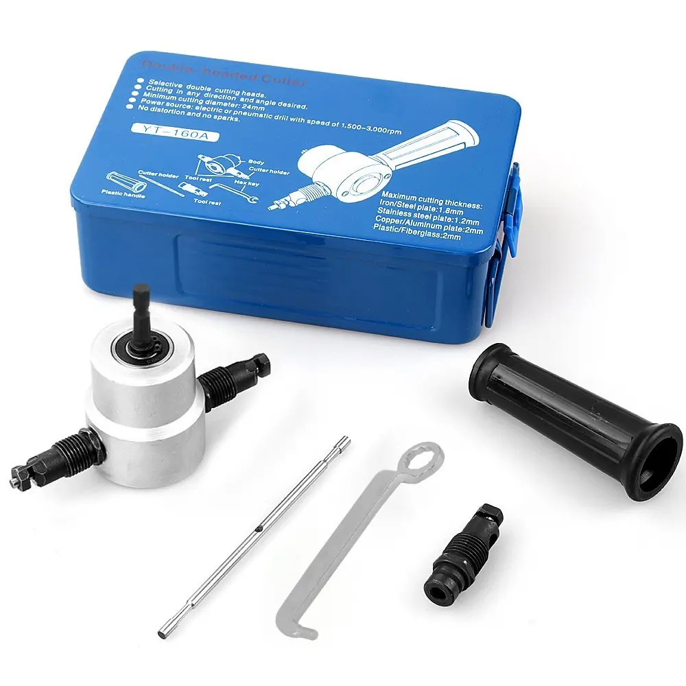 

LIXF Double Head Sheet Metal Nibbler Cutter Tool Drilling Attachment with Key Parts and Holder for Car Repairing Maintenance W