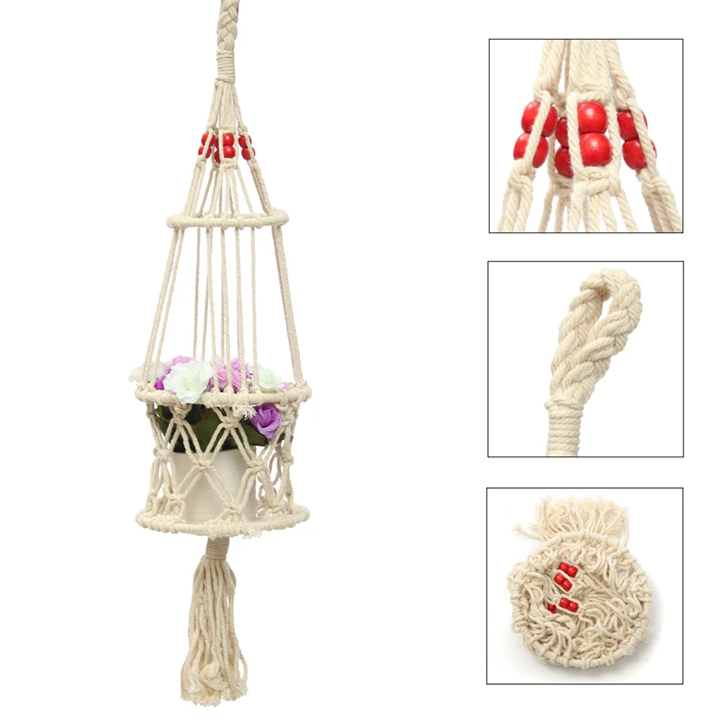 4 Legs Creamy-white Jute Plant Hanger Flower flower / Pot Holder Flowerbed Hanging Basket for wall decoration countyard garden