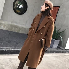 Зимнее пальто, женское длинное шерстяное пальто с поясом, свободный Тренч, брендовый стиль, винно-красный, шоколадный, верблюжий