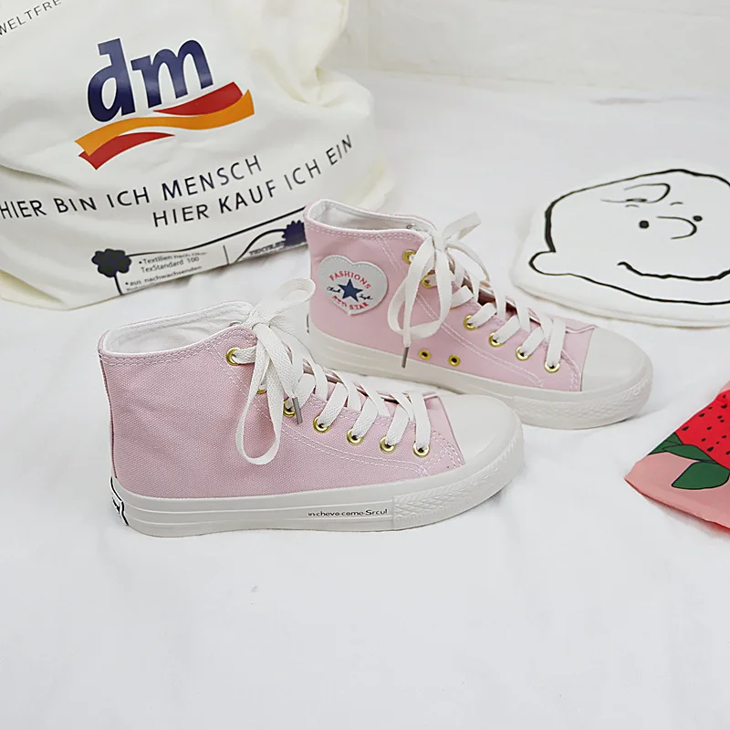 Women Pink Canvas Shoes Spring Summer High Top Lady Sneaker Vulcanized Preppy Style Lace Up