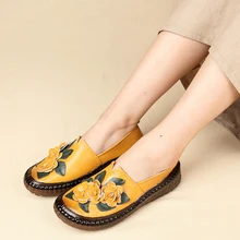 Удобная обувь на плоской подошве из воловьей кожи с мягкой подошвой в этническом стиле; цвет желтый, черный; женские оксфорды из натуральной кожи
