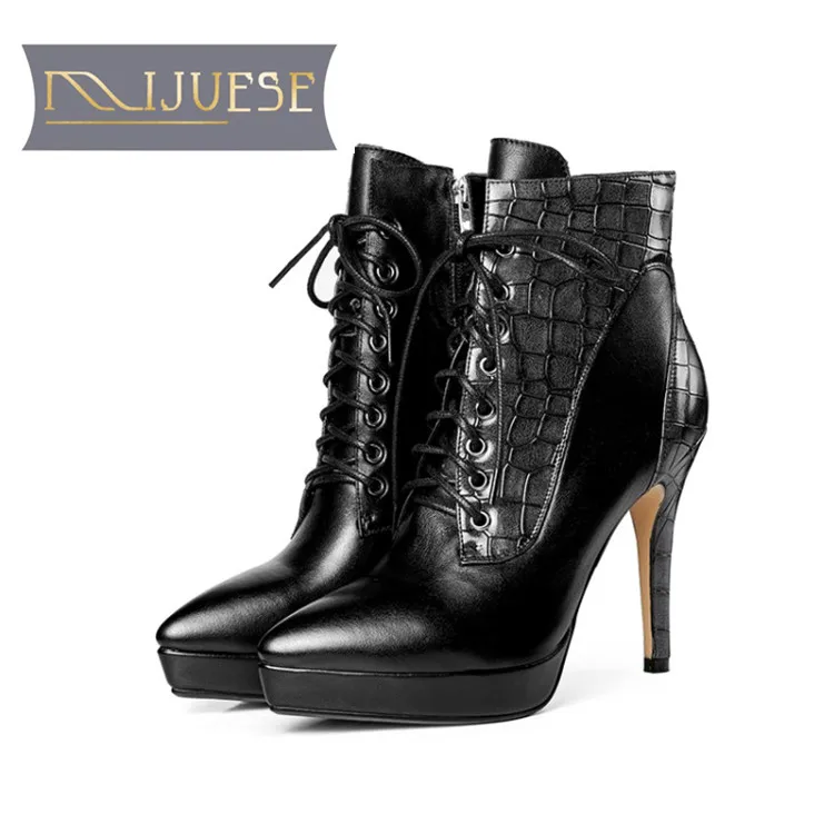 

MLJUESE 2019 women ankle boots Cow leather lace up mixed colors winter warm short plush thin heels platform boots women boots