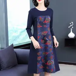 2018 Новый Осень Для женщин платье печати длинный рукав в длинные оказать платья Синий 6381
