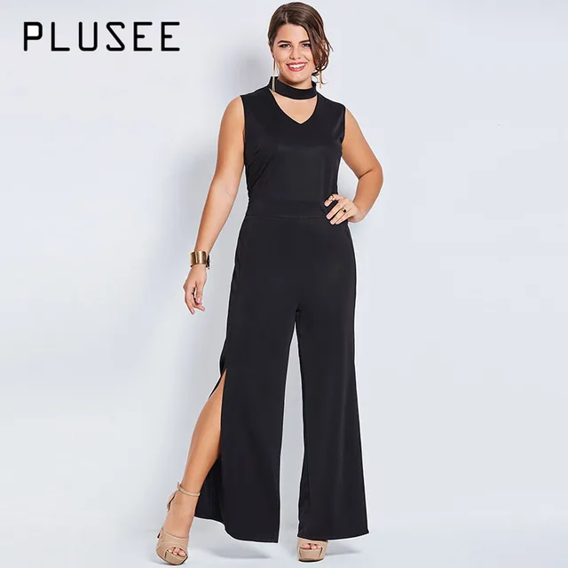 plusee jumpsuit plus size 4xl 5xl women autumn plain solid black black jumpsuits plus size