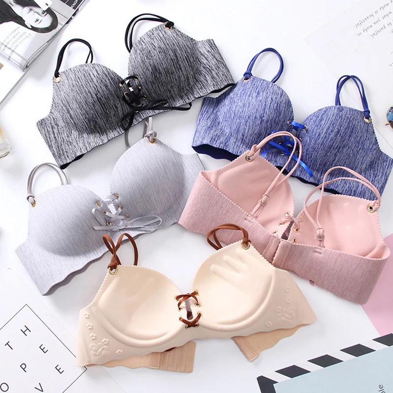 

DERUILADY Women Underwear Drawstring Push Up Bra Solid Simple Comfort Seamless Bra Sexy Lingerie Backless Wireless Bralette