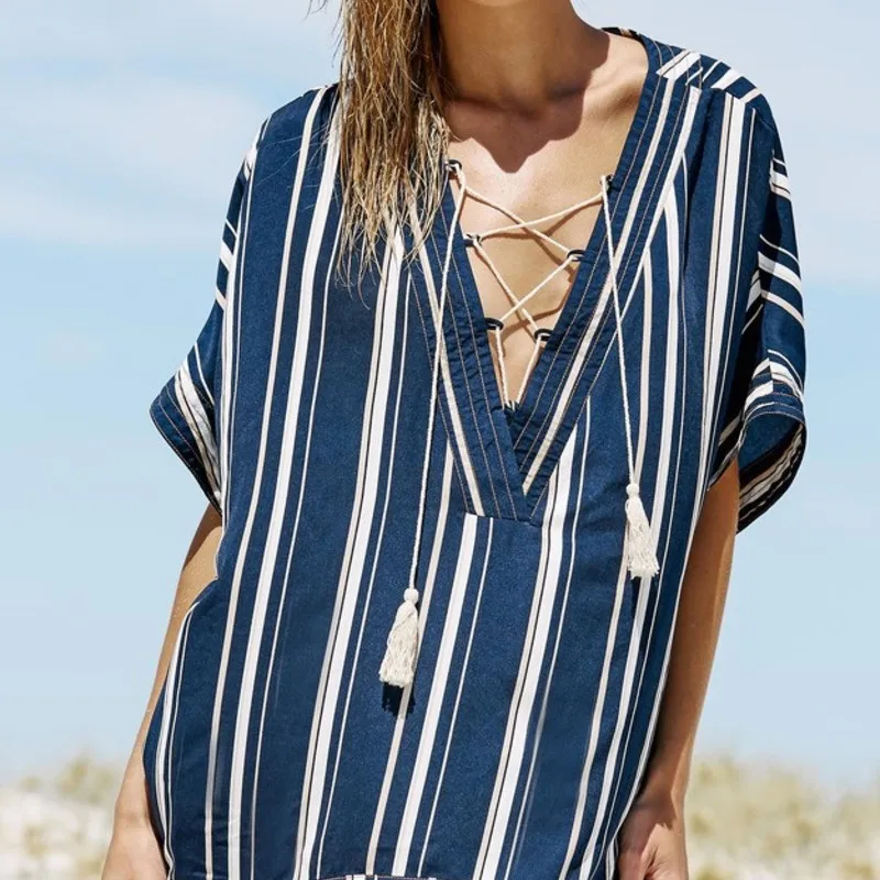 

Women's Swimsuit Pareo Tunic Beach Swim Suits Swimwear Cover Up Summer Dress Long Americans Wearing Cotton Vertical Striped