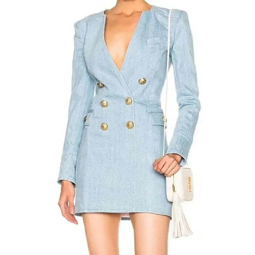 Beste HIGH STREET Nieuwe Mode 2018 Designer Jurk vrouwen Lange Mouw Metalen Leeuw Knoppen Double Breasted Jurk Maat S XL