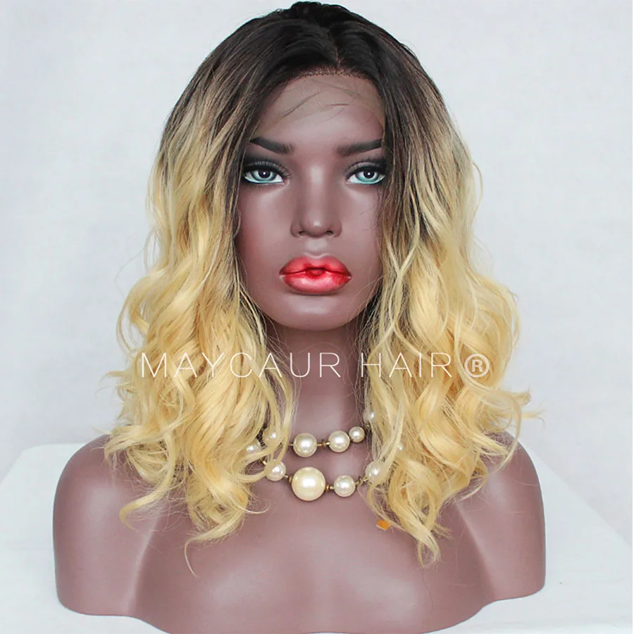 Maycaur Natural Wavy Glueless Synthetic Lace Front Wigs Short Bob Black Blonde Brown Color Lace Wig Natural Hair for Women