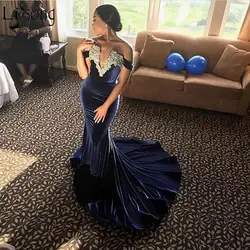 Темно-синие 2018 выпускного платья Русалка Бархат длинное вечернее платье с открытыми плечами Африка Для женщин официальная Вечеринка