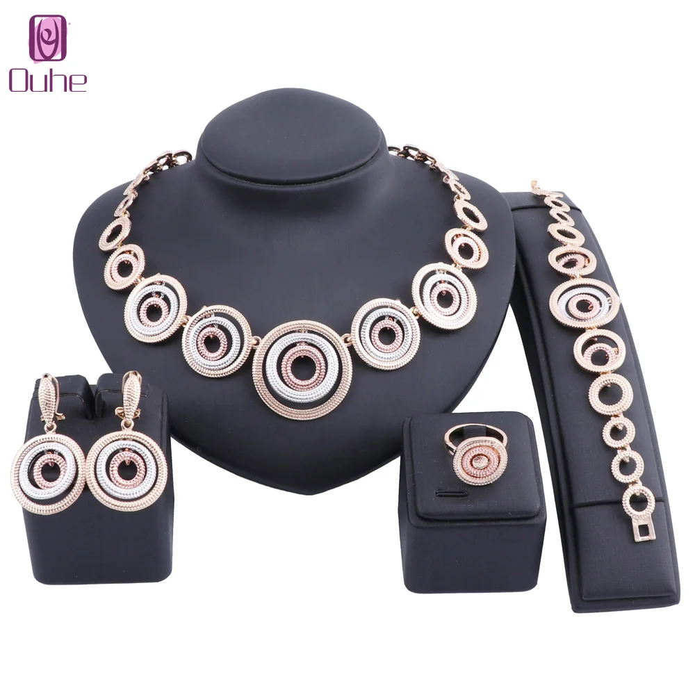 

Dubai Gold Color Jewelry Sets Necklace Earrings Bracelet Ring Round Sets For Women Costume Accessories Wedding Bridal Gift