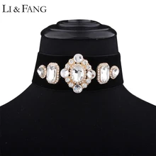 Li & Fang Brand 2017 Square Choker Necklace Rhinestone Bohemian Maxi Black Velvet Belt Crystal Pendant Necklaces Women Fashion