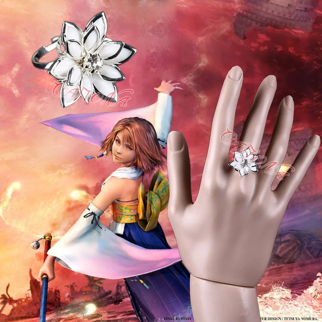 

Cafiona Cheap Final Fantasy Yuna Cosplay Costume Accessory White Flower Ring Adjustable Size