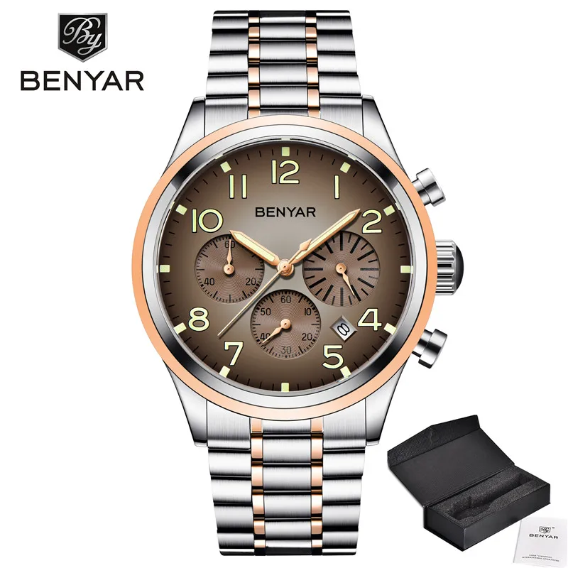 BENYAR новые мужские часы Бизнес Военные хронограф водонепроницаемые Модные кварцевые часы Relogio Masculino Erkek Kol Saati - Цвет: 5138-Steel brown