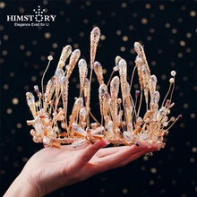 HIMSTORY Королевский барочный Золотой невесты тиары-повязки для волос короны из горного хрусталя невесты головные уборы прозрачный кристалл свадебные аксессуары для волос