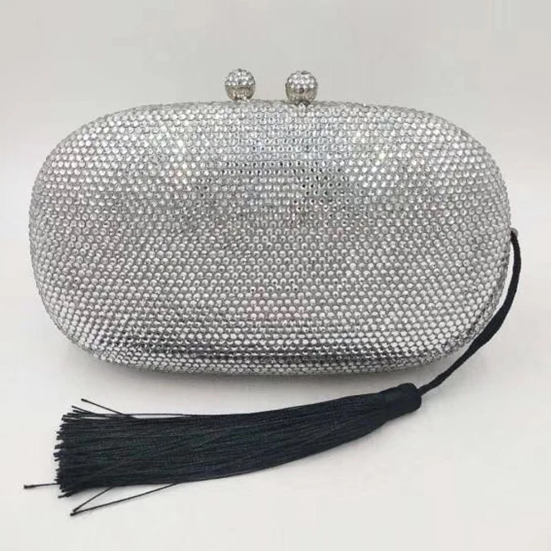 

Fashion Silver Crystal Clutches Women Bridal Wedding Handbags Fashion Tassel Lady Party Purses Luxury Messenger Shoulder Bag