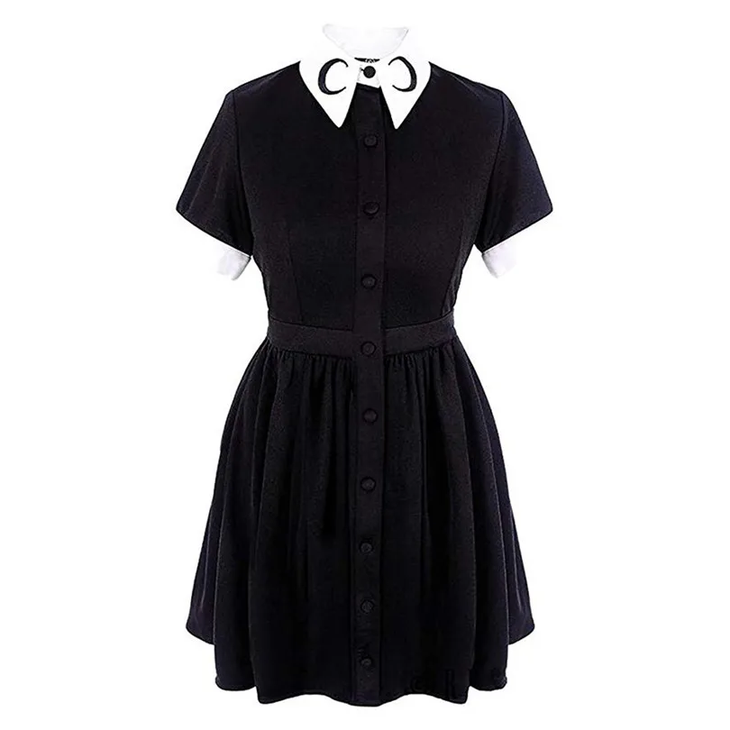 Gothic Punk Style Dress For Women Short Sleeve Summer Dress Turn Down Collor Mini Dress A Line Plus Size Vestido De Festa 40JUN50