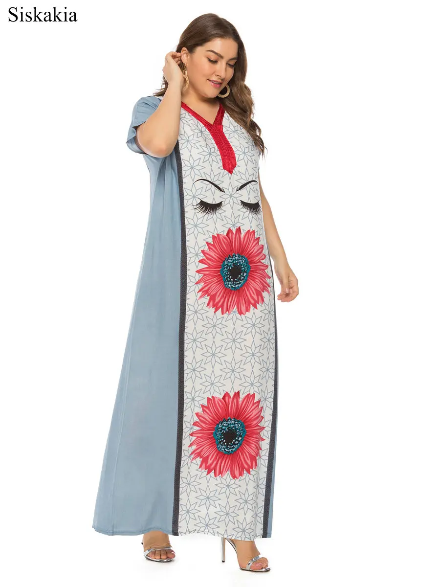 Siskakia Flower Print Plus Size Women Maxi Long Dress Vintage Loose V Neck Short Sleeve Female Dresses Blue Pink Summer 2019 New (8)