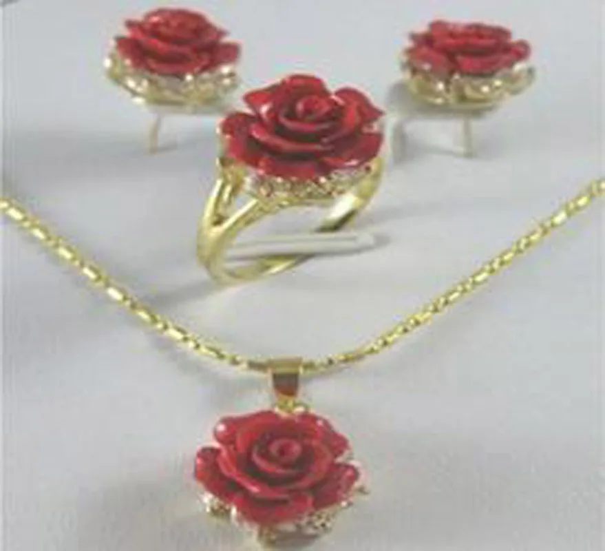 

Pretty Crystal Red Coral rose Flower Pendant Earring Ring lady's set AS+AS++AS+