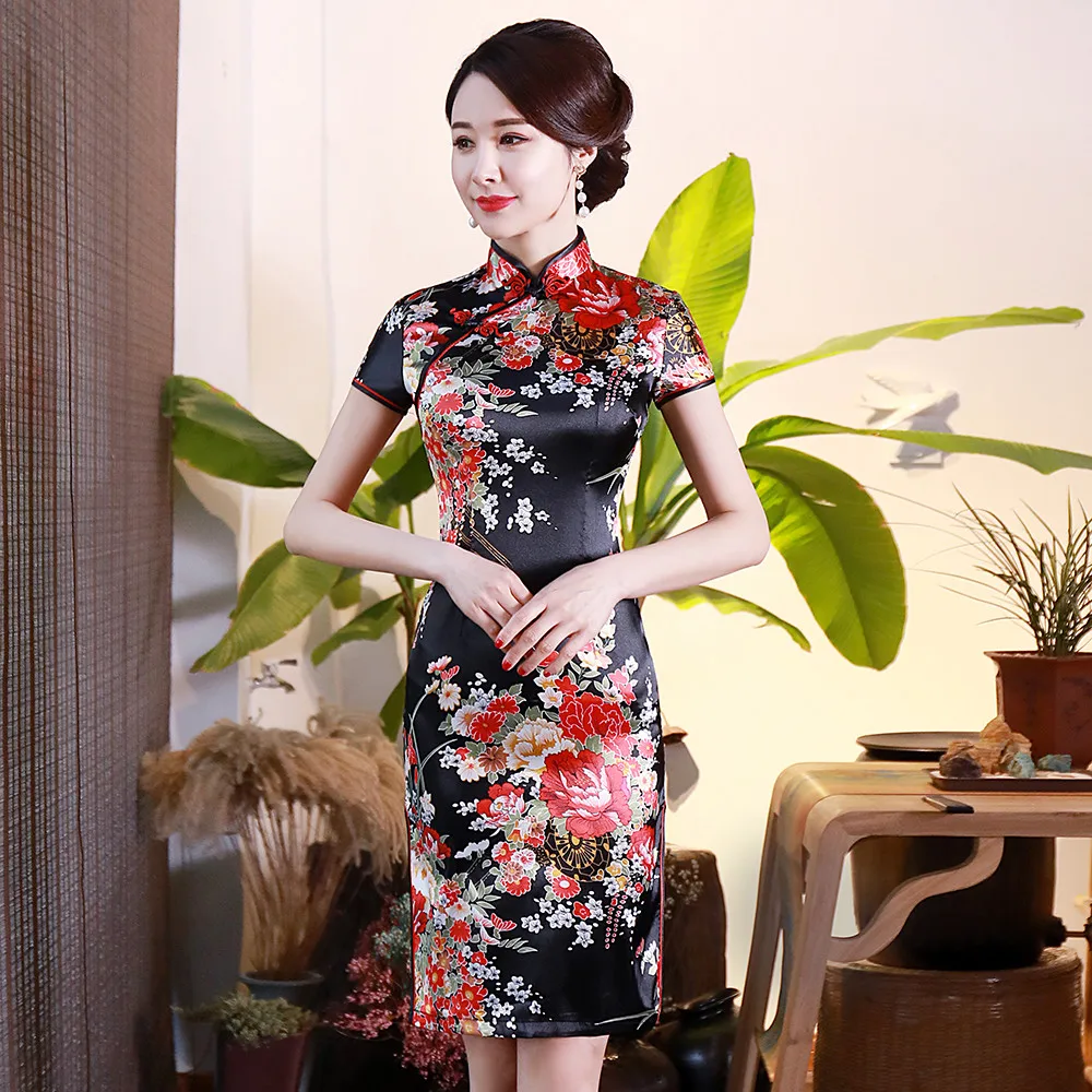 Элегантный цветочный принт женское короткое тонкое сексуальное китайское традиционное платье Чонсам с высоким разрезом плюс размер
