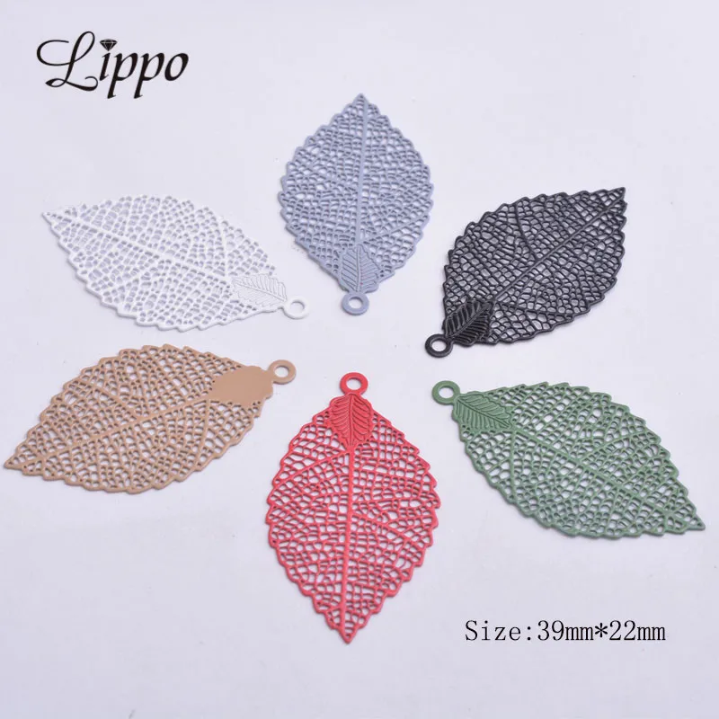 50pcs/lot AA2235 Colorful 39*22mm Leaf painted Charms Brass Like Resin Leaves Charm Pendant Filigree Diy Jewelry Accessories