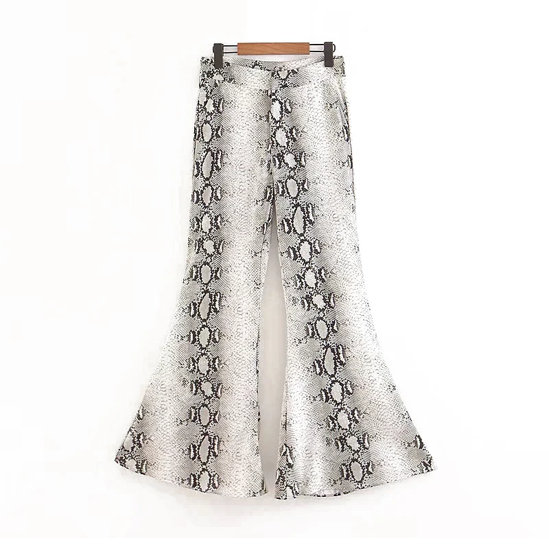 

Chic Animal Print Trousers for Women Bomb Wide Leg Pants Snake Printed Long Flares with Pockets Ladies High Waist pantalon femme