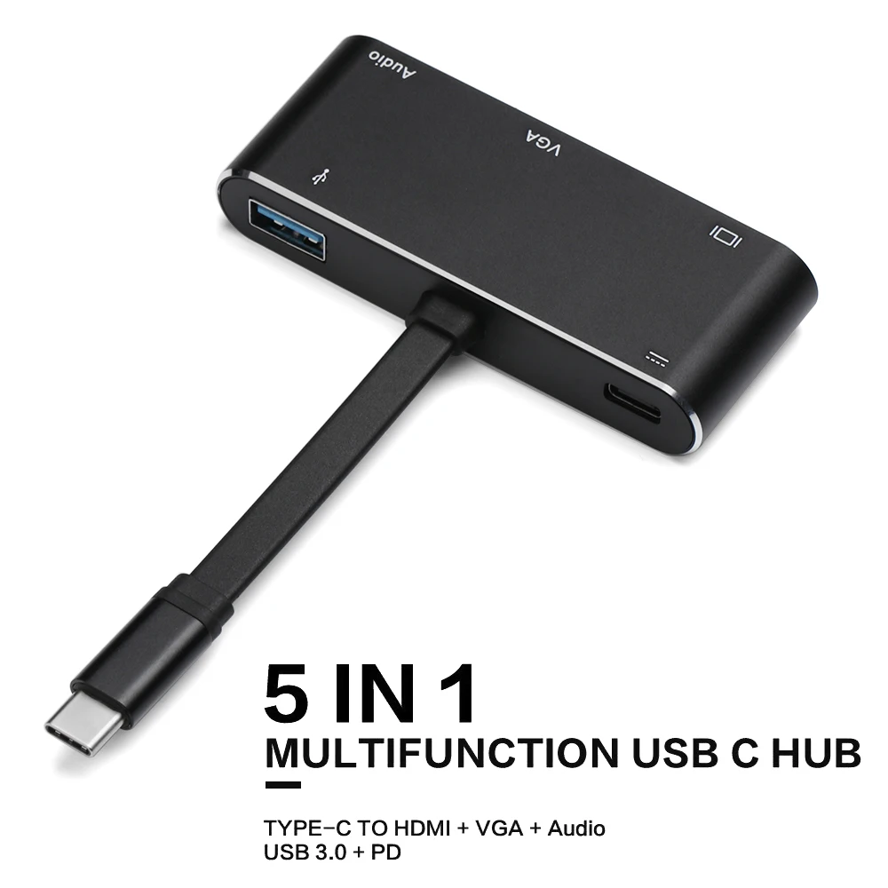 

5 in 1 USB C to 4K HDMI+VGA+USB 3.0+Audio+PD Charging Adapter Converter Multi-port Hub for MacBook Samsung S10/S9 Nintend Switch