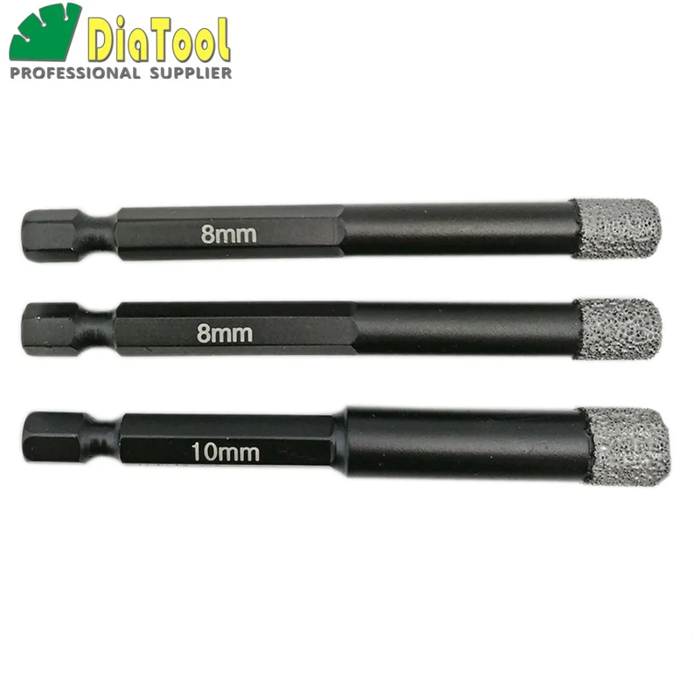 DIATOOL 3pcs 8mm+8mm+10mm Professional Quality Vacuum Brazed Diamond Core Bits With Qucik Fitting Shank, Dry Drilling Bits