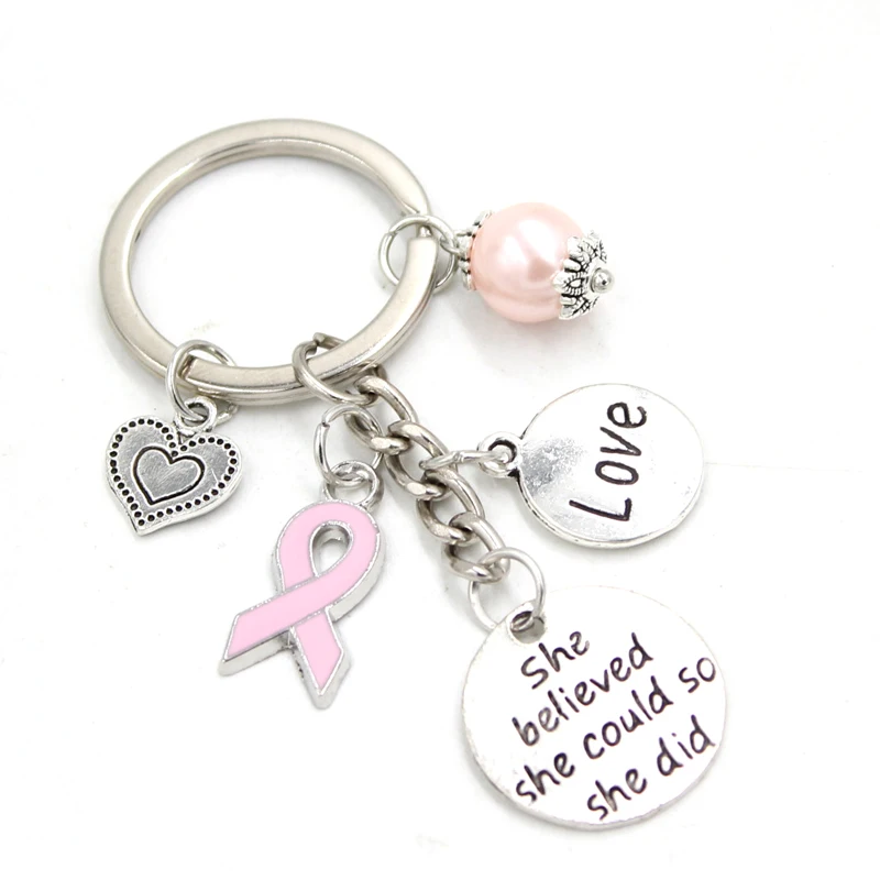 

1PC New Arrival Breast Cancer Awareness Jewelry Heart Love Pink Ribbon Charms Key Chain Breast Cancer Keyrings Gifts